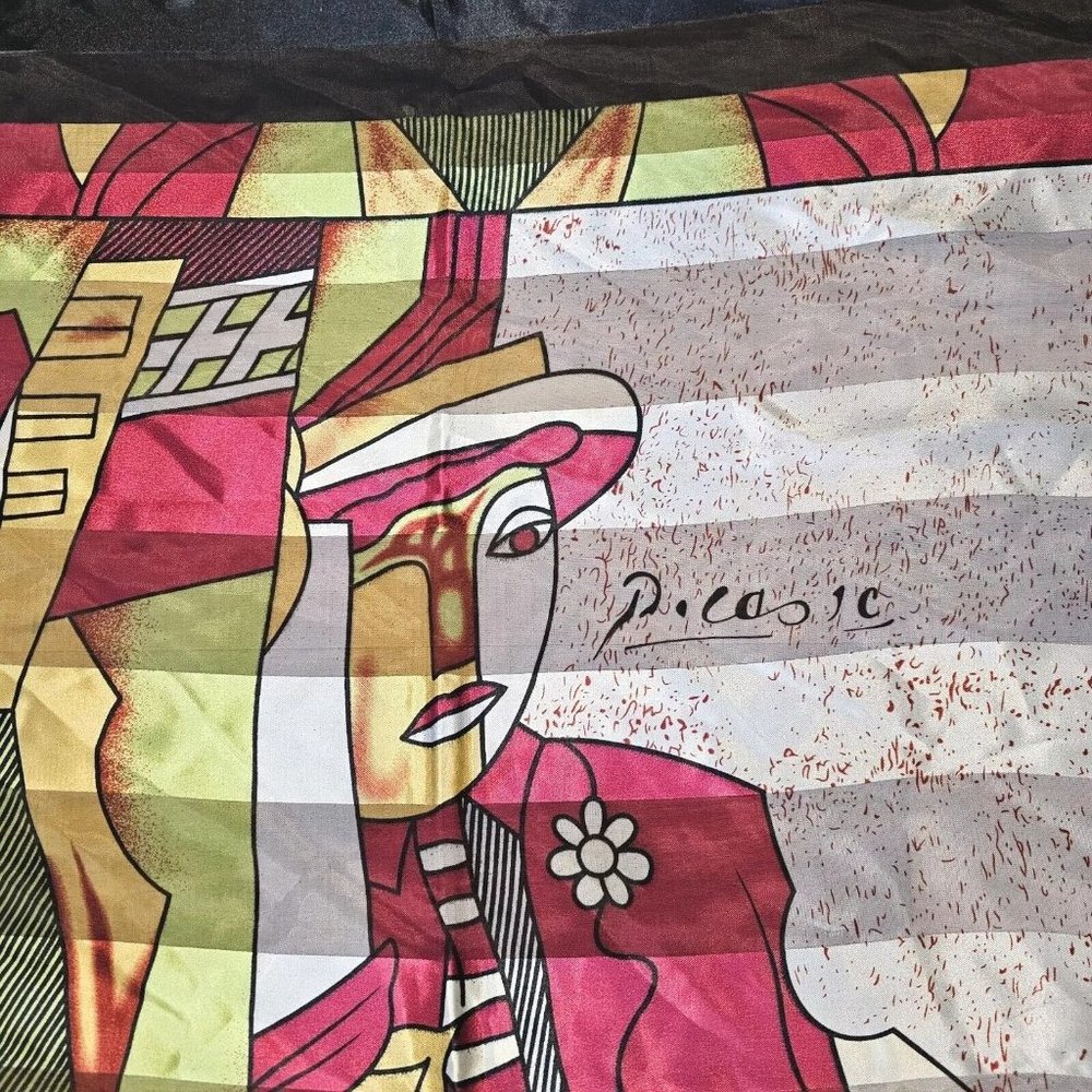 Vintage Picasso Semi-sheer Artsy Vibrant Pink Green Satin Silk Scarf Square 36" - Picture 5 of 10